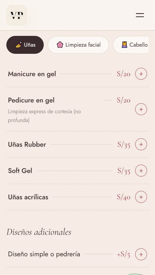 Lista de servicios de uñas con sus precios a la vista y un botón para añadir cada servicio a la cita.